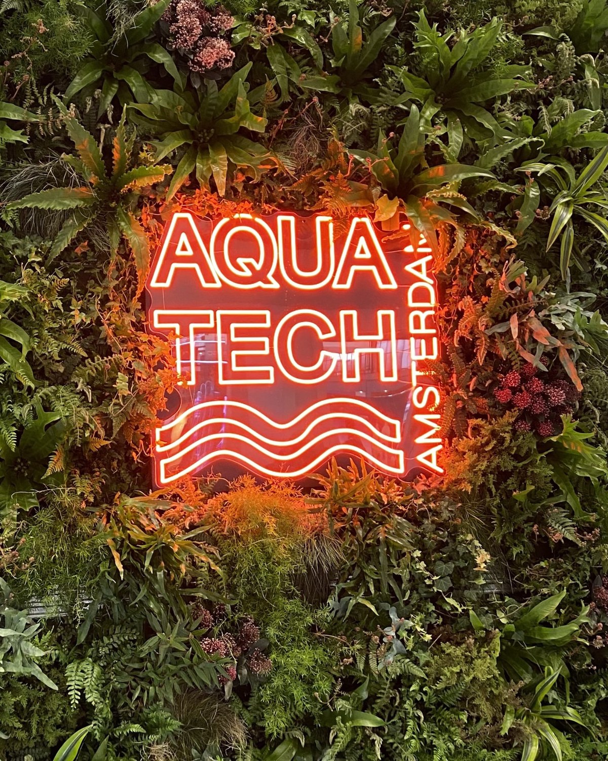Neonskylten Aquatech Amsterdam i en grön växvägg