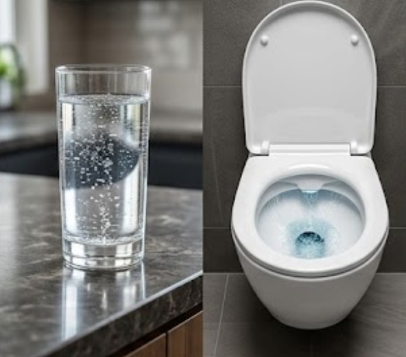 Ett glas dricksvatten bredvid en toalett